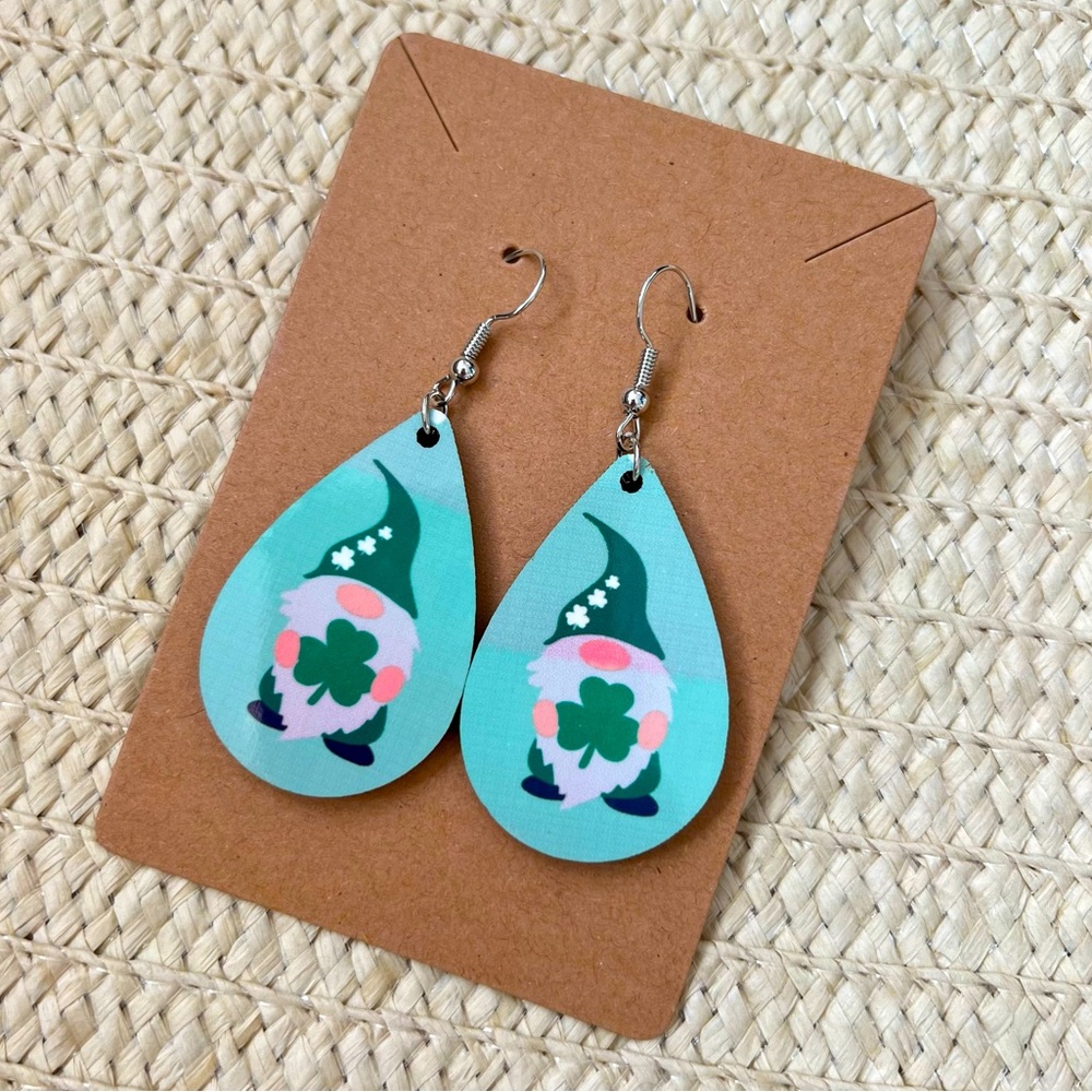 Handmade Wooden Two Sided Leprechaun Shamrock St. Patrick’s Day Earrings